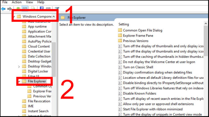 Trong cửa sổ mới hiện liên, bạn chú ý tới cột bên trái tìm đến User Configuration > xong đến Administrative Templates > rồi đến Windows Components > chọn File Explorer.